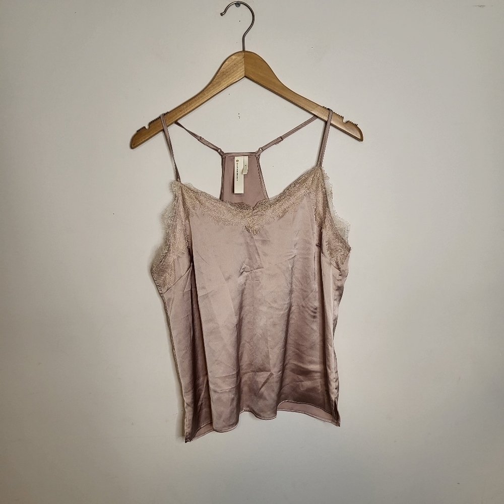Anthropologie Tan Cami Sleeveless V-Neck Lace Trim Satin Top Size S